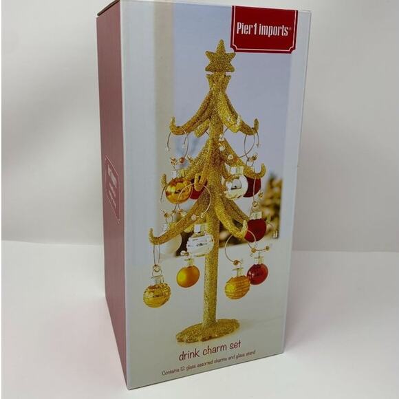 Pier 1 Imports Gold Glitter Christmas Tree and Bulb Drink Wine Charm Set - Picture 1 of 2